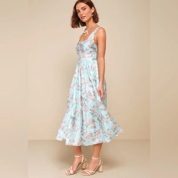 Lulus Darling Adoration Floral Midi DressSz  XL Pockets Square Neck Basque Waist - Picture 4 of 16